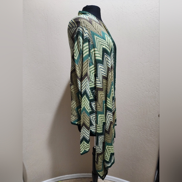 BCBG Maxaria Zig Zag Chevron Green Brown Silk Blend Open Cardigan S NWOT - Picture 3 of 6
